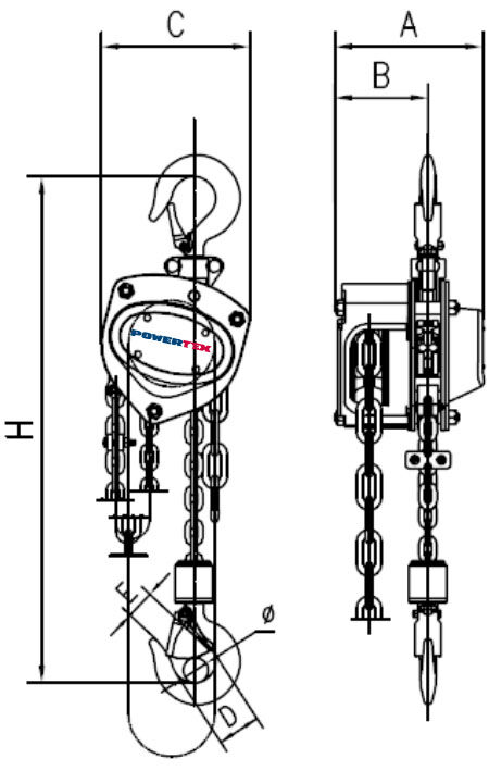 The POWERTEX Chain Hoist PCB S2 250 KGS measurements.