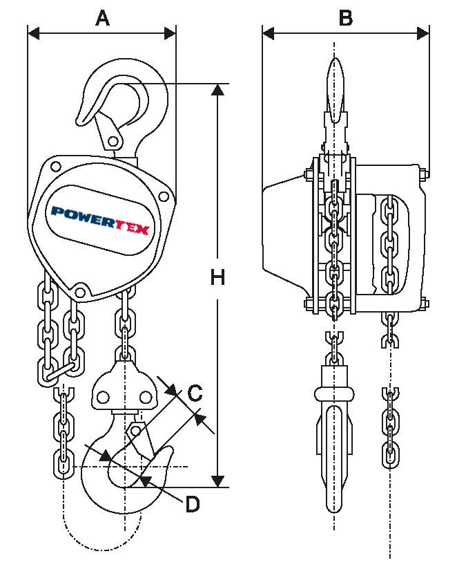 POWERTEX chain hoist measurements 0.25 to 2 tons