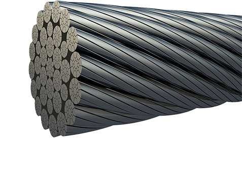 A 3D Image created of some steel wire rope showing the end.  The construction is commonly known as 34LR