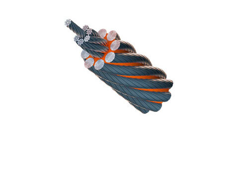 A 3D Cross Section of steel wire rope with a vivid orange plastic filling A 3D construction of a steel wire rope with plastic impregnation with plastic orange filling.