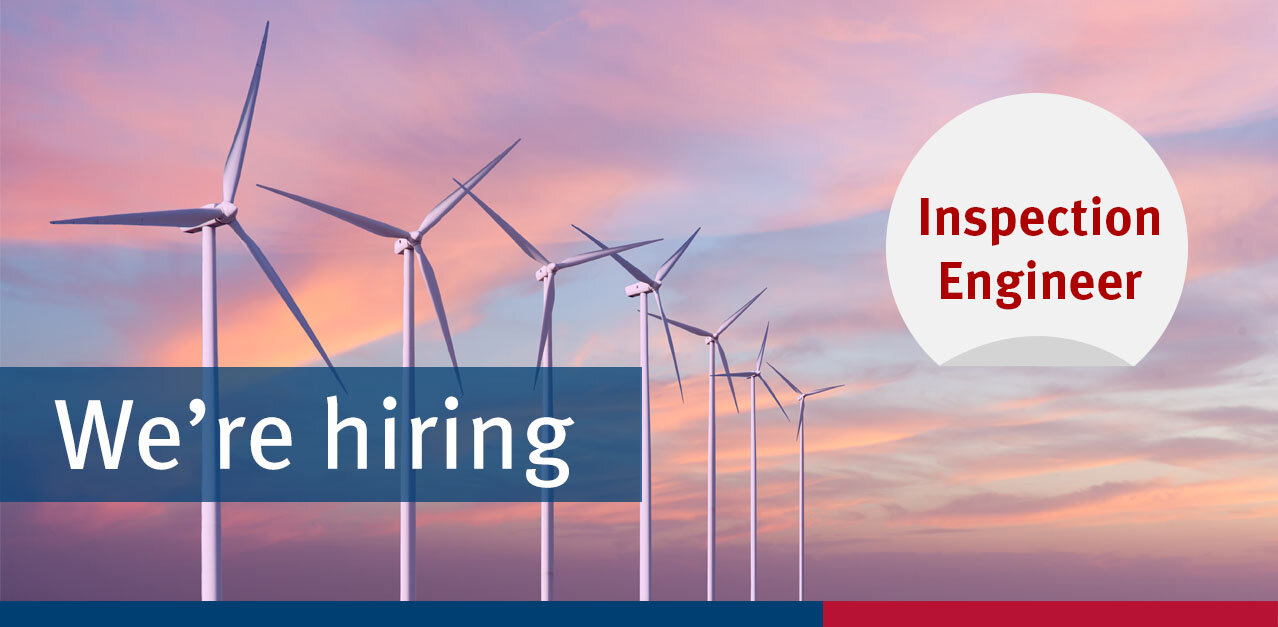 An image of wind turbines relating to a job position available an image portraying some wind turbines in the sea during a pink sunset and the text we're hiring inspection engineer