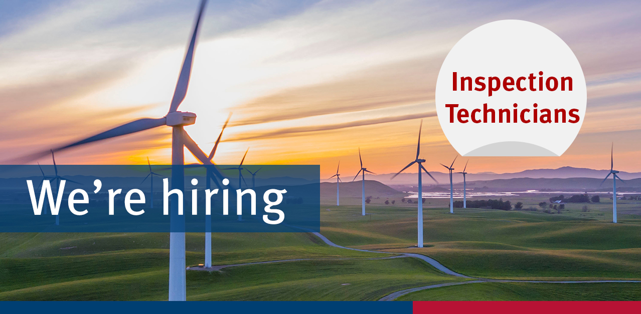 Header image for renewables job Image of Wind Turbines with the text, We're hiring, Inspection Engineers