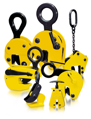 A range of yellow lifting clamps 