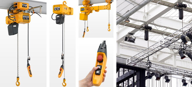 Kito Hoists Multiple images of yellow hoists with different pendants