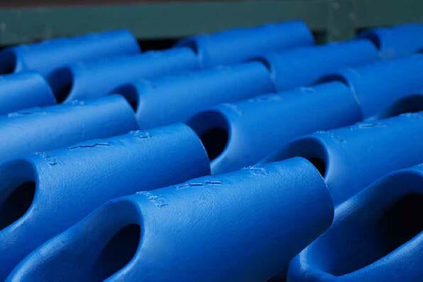 Rope block Socket A close up of multiple blue sockets used to connect to steel wire rope