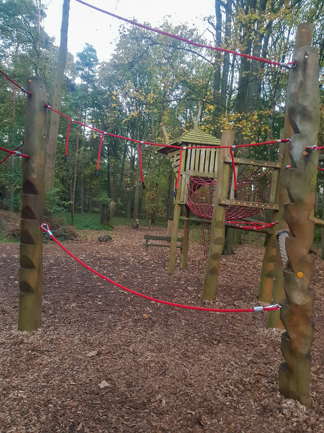 Woodland Rope Play Feature – Thetford Forest Certex UK Project Balance and traverse climbing play feature installed at Thetford Forest Play Park woodland setting