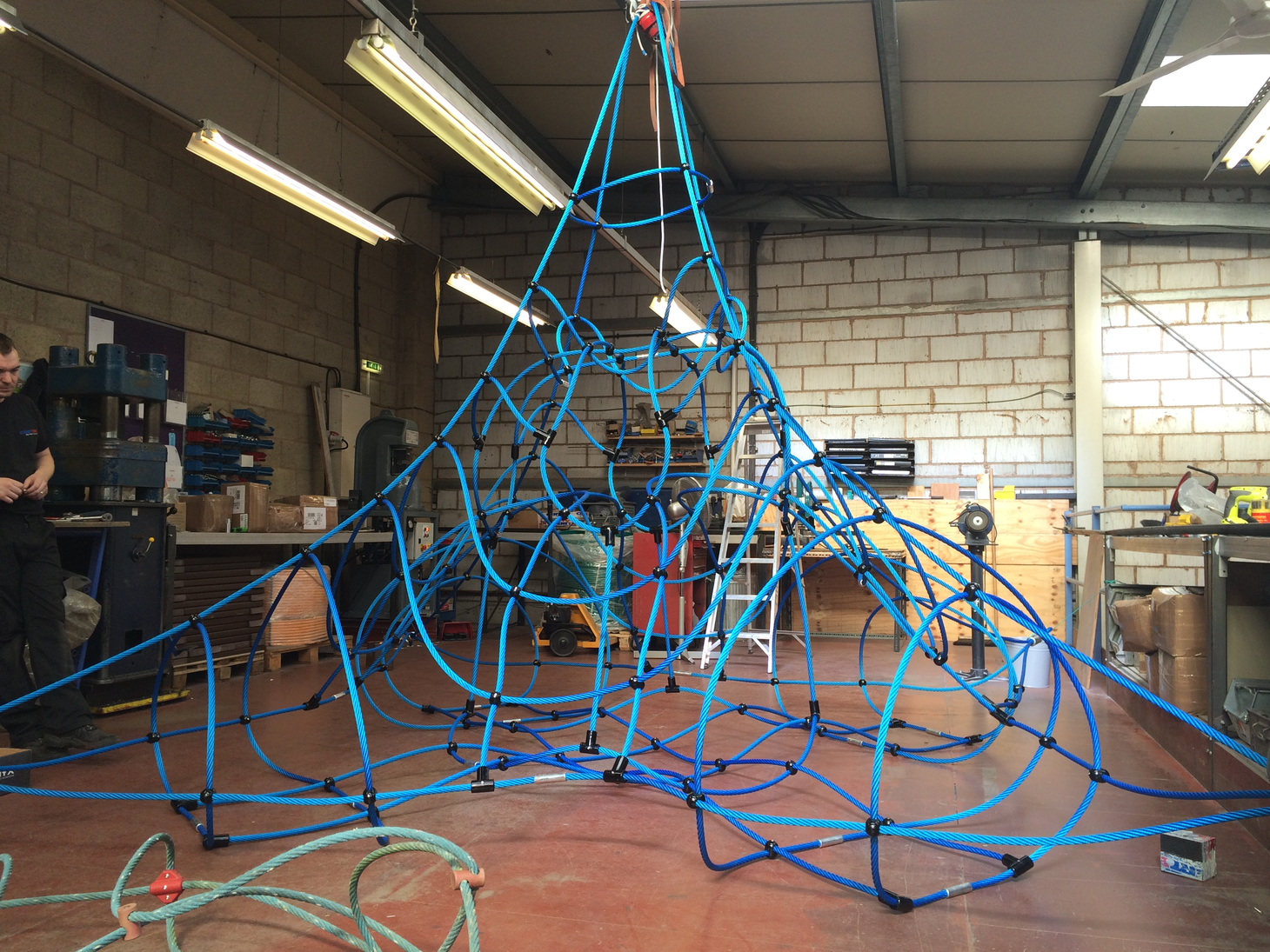 Large rope climbing space net structure during manufacture at Certex UK