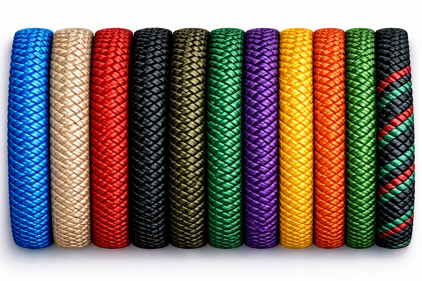 Braided Nylon Combination Rope Colour Options and Construction – Combi Play Playground Ropes Certex UK Twisted and braided nylon playground rope colour options showing Combi Play 6 strand steel core combination rope colours