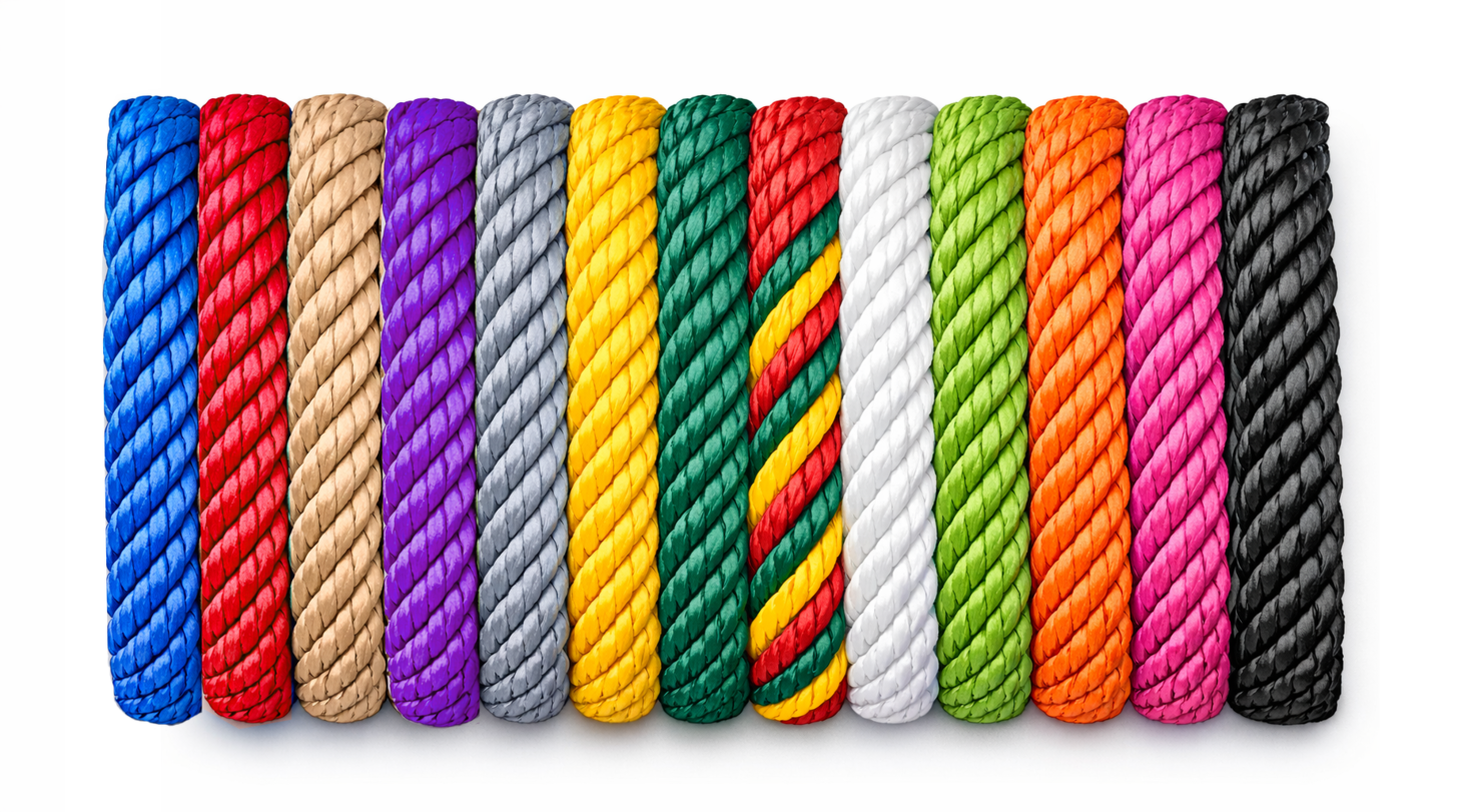 Twisted PP Multi Combination Rope Colour Options and Construction – 6 Strand Playground Rope Certex UK Twisted PP multi playground rope colour options showing 13 polypropylene combination rope colours for Combi Play 6 strand steel core playground ropes