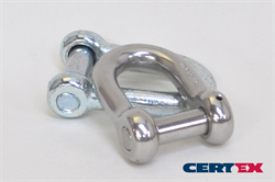 a picture of two stainless steel shackles placed on top of one another in silver with a Certex logo in the bottom right corner in blue and red