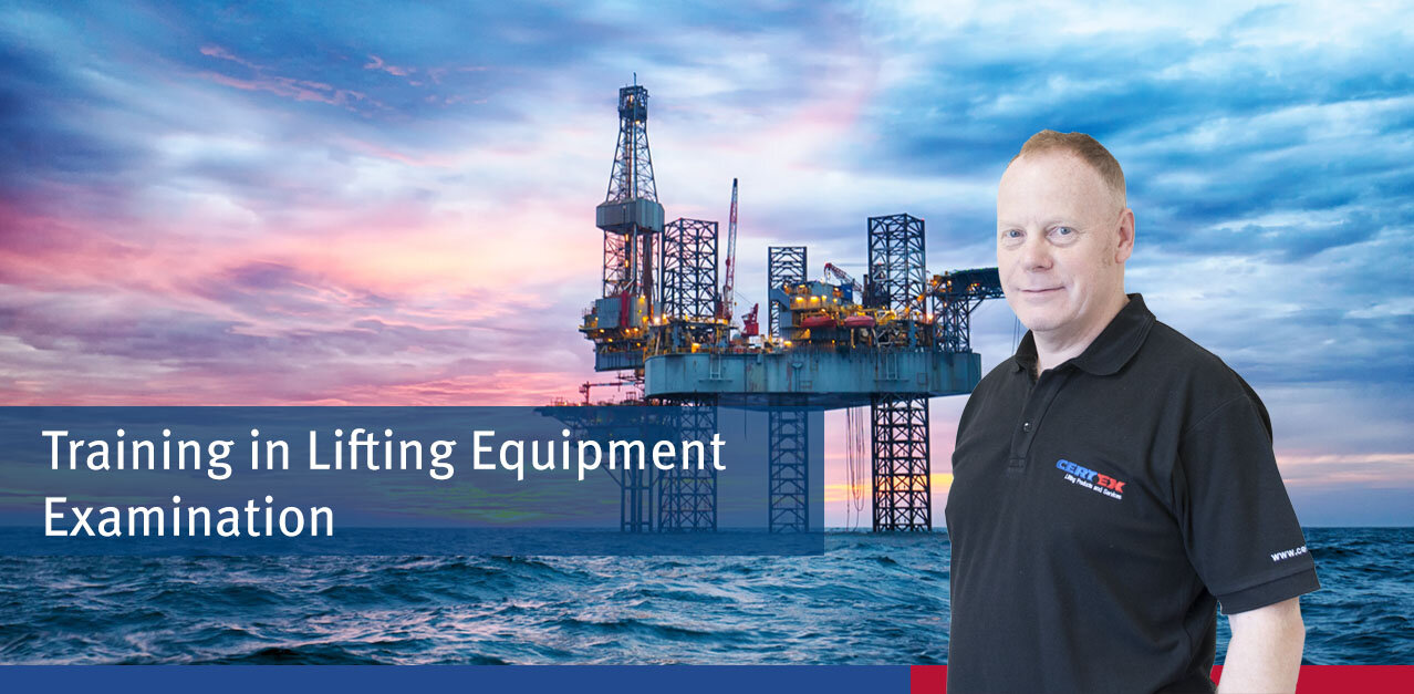 Offshore Training in Lifting Equipment Examination Offshore Image of an oil or Gas rig with a training course teacher